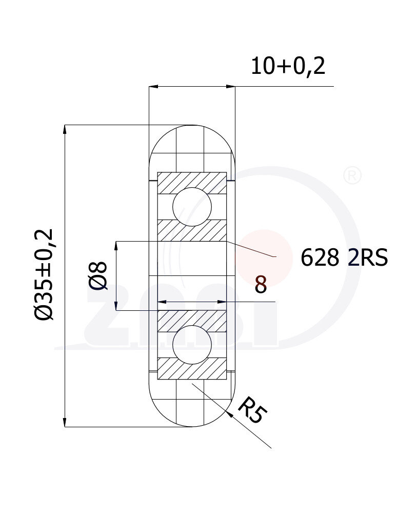 Ролики пластиковые и металлические, Ролики нейлоновые (полиамидные), Пластиковые закруглённые с подшипником с обозначением RC-35-10/8