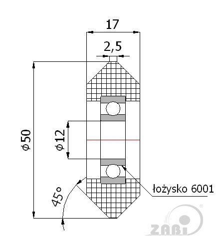 Rolki tworzywowe i metalowe, Rolki tworzywowe poliamidowe, Tworzywowe zaokrąglone z łożyskiem o symbolu RC-50-17/12