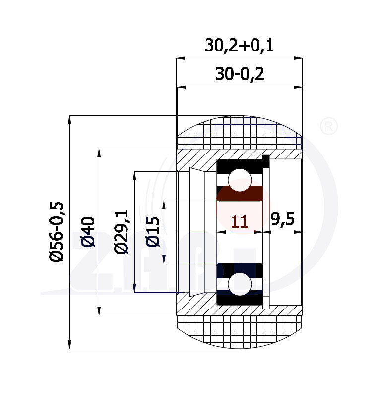 Rolki tworzywowe i metalowe, Rolki tworzywowe poliamidowe, Tworzywowe zaokrąglone z łożyskiem o symbolu RC-56-30/15