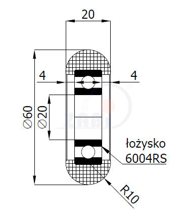 Rolki tworzywowe i metalowe, Rolki tworzywowe poliamidowe, Tworzywowe zaokrąglone z łożyskiem o symbolu RC-60-20/20
