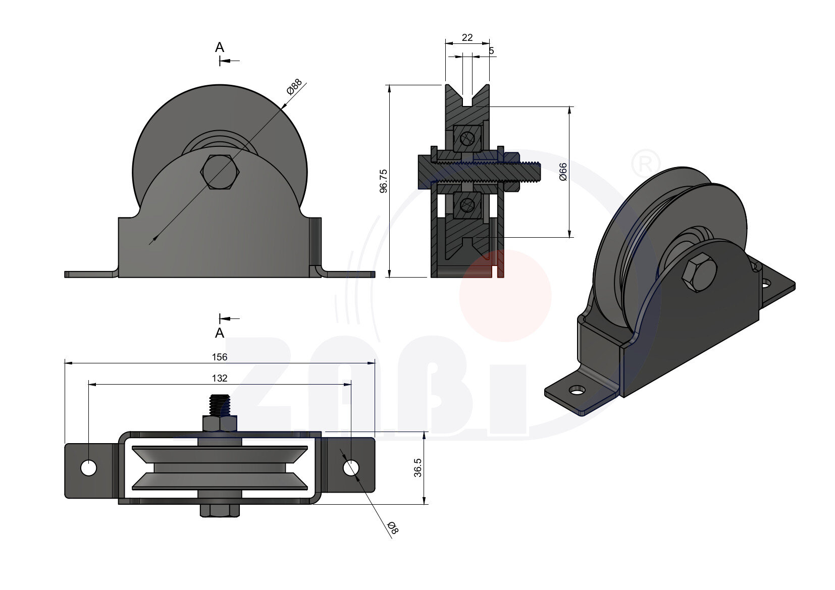 Ролики пластиковые и металлические, Ролики металлические, Для ворот к уголку с обозначением RJKO-89-22