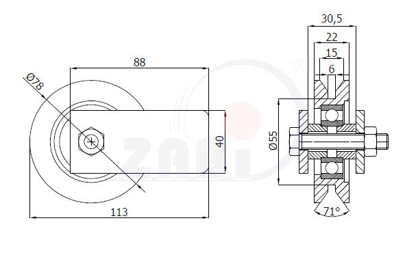 Ролики пластиковые и металлические, Ролики металлические, Для ворот к т-образному профилю с креплением с обозначением RJTM-79-22