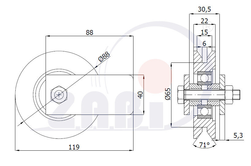 Ролики пластиковые и металлические, Ролики металлические, Для ворот к т-образному профилю с креплением с обозначением RJTM-89-22