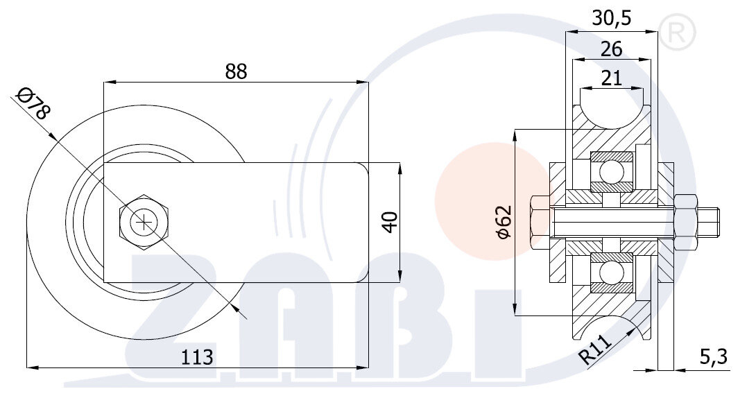 Rolki tworzywowe i metalowe, Rolki metalowe, Do bram na rurę z mocowaniem o symbolu RJRM-79-26