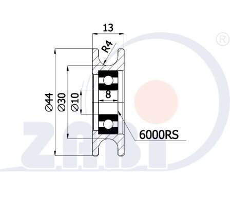 Rolki tworzywowe i metalowe, Rolki metalowe, Profilowane na linkę z łożyskiem o symbolu CM44/8Ł