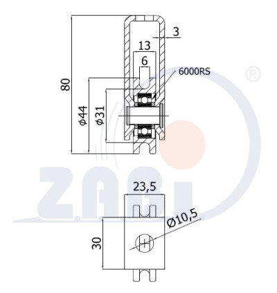 Rolki tworzywowe i metalowe, Rolki metalowe, Profilowane na linkę z łożyskiem i mocowaniem o symbolu CMM44/6Ł