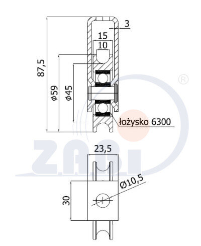 Ролики пластиковые и металлические, Ролики металлические, Профилированные под шпагат с подшипником и креплением с обозначением CMM59/10Ł