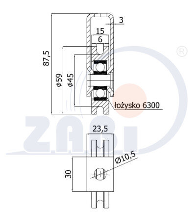 Ролики пластиковые и металлические, Ролики металлические, Профилированные под шпагат с подшипником и креплением с обозначением CMM59/6Ł