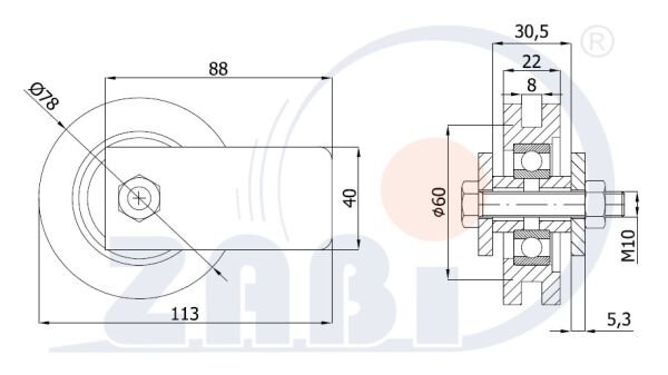 Rolki tworzywowe i metalowe, Rolki metalowe, Do bram na płaskownik z mocowaniem o symbolu RJPM-79-22