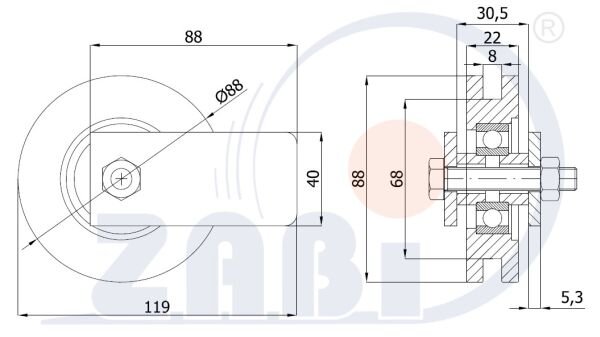 Rolki tworzywowe i metalowe, Rolki metalowe, Do bram na płaskownik z mocowaniem o symbolu RJPM-89-22