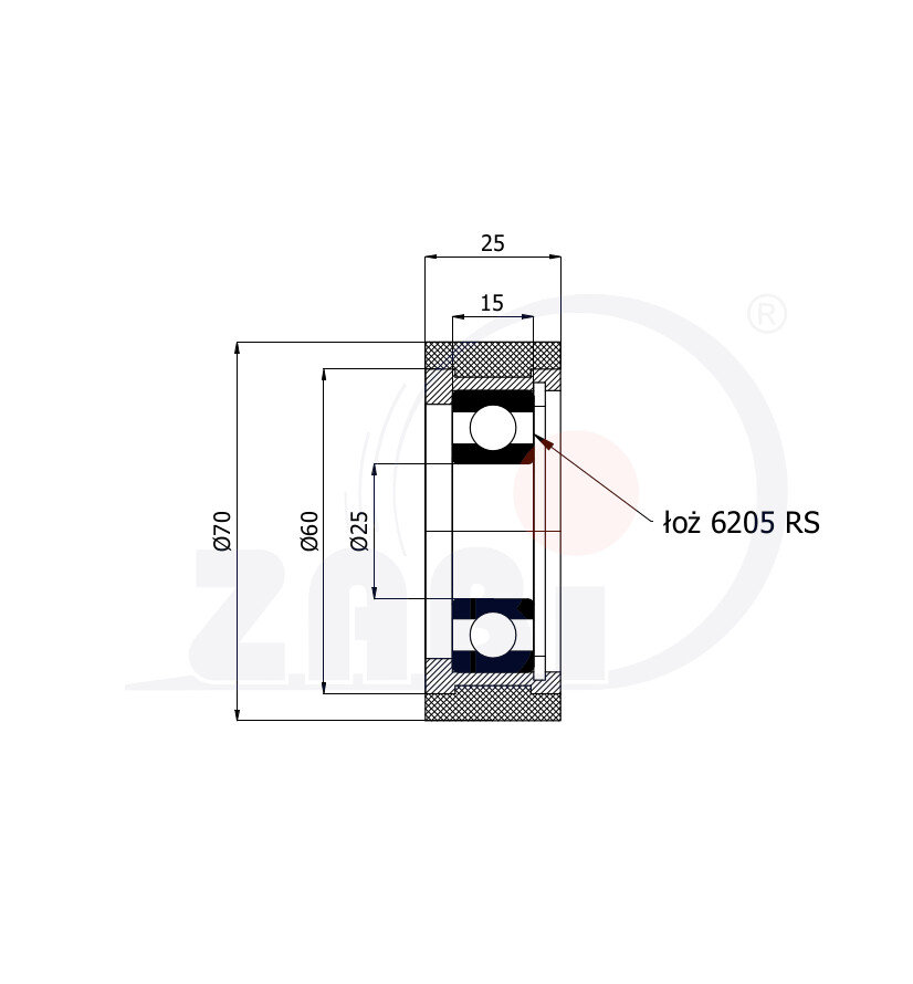 Rolki tworzywowe i metalowe, Rolki metalowo-poliuretanowe, Twardość 93 Sh'A o symbolu RMP-70-25/25
