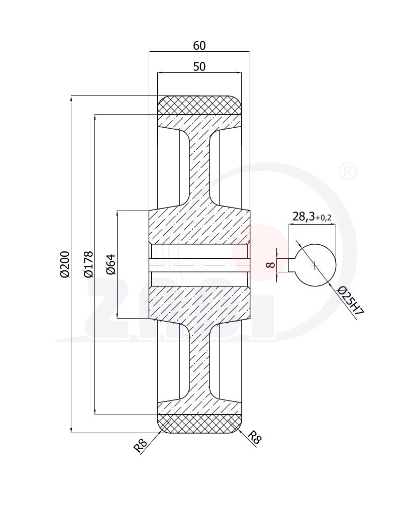 , Kunststoff- und Metallrollen, Antriebsrollen und räder mit dem Symbol 69ZPK/25