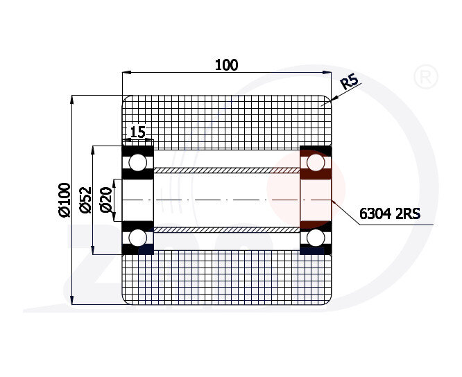 Kunststoff- und Metallrollen, Rollen und Räder für Palettenwagen, Polyamid-Rollen mit dem Symbol R-100-100/20