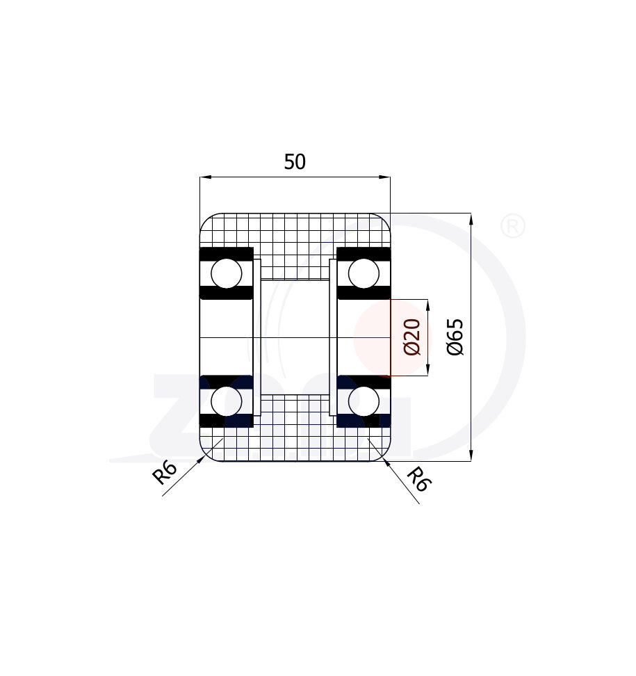 Kunststoff- und Metallrollen, Rollen und Räder für Palettenwagen, Polyamid-Rollen PA6G mit dem Symbol R-65-50-PA6G