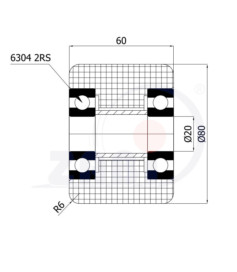 Rolki tworzywowe i metalowe, Rolki i koła do wózków paletowych, Poliamidowe PA6G o symbolu R-80-60-PA6G