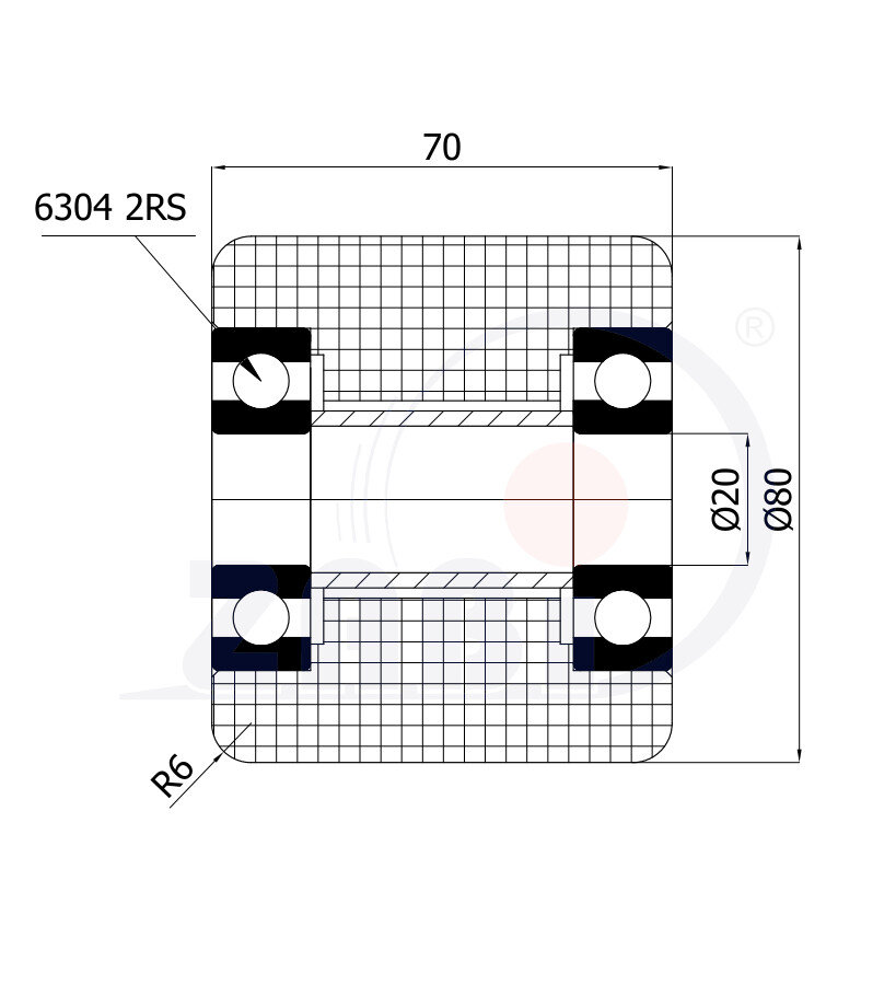 Rolki tworzywowe i metalowe, Rolki i koła do wózków paletowych, Poliamidowe PA6G o symbolu R-80-70-PA6G
