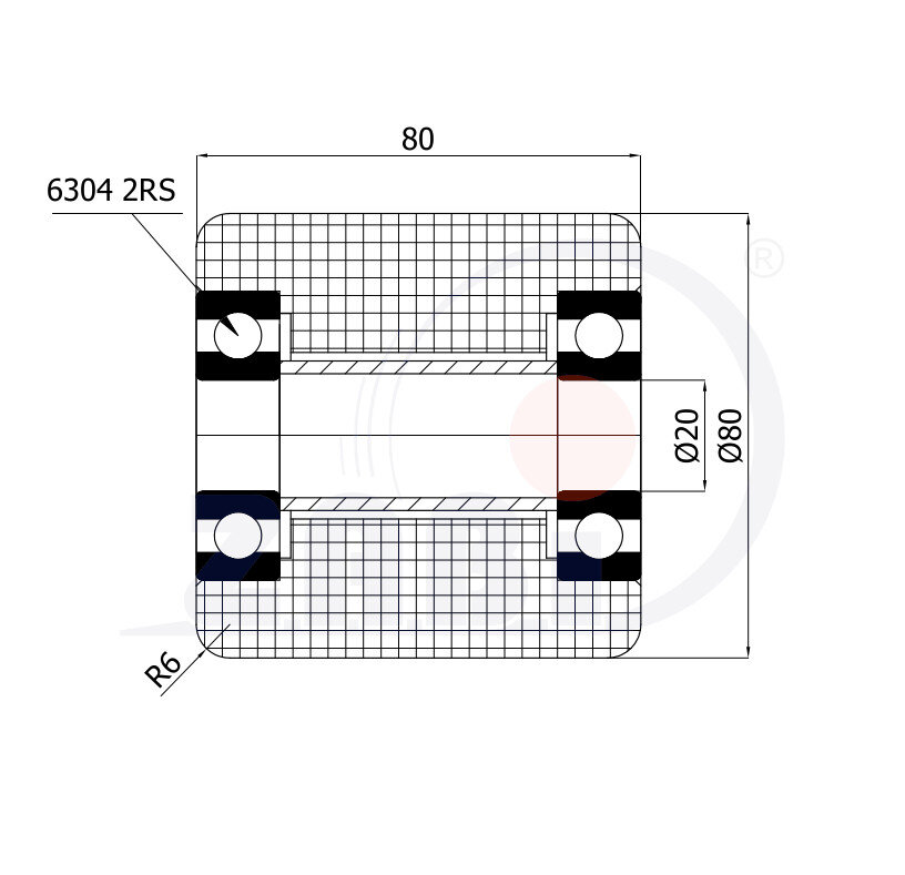 Rolki tworzywowe i metalowe, Rolki i koła do wózków paletowych, Poliamidowe PA6G o symbolu R-80-80-PA6G