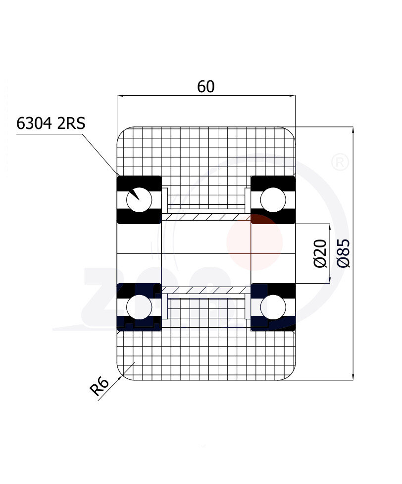 Kunststoff- und Metallrollen, Rollen und Räder für Palettenwagen, Polyamid-Rollen PA6G mit dem Symbol R-85-60-PA6G