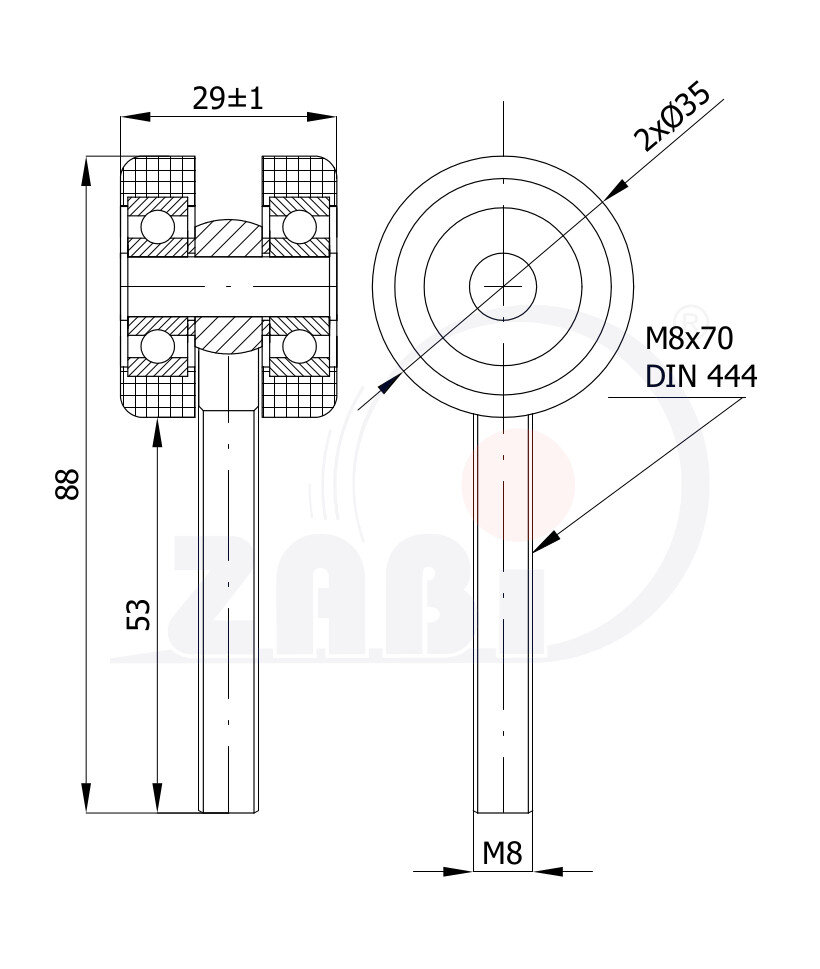 Ролики для откатных ворот, Каретки для откатных воро, Для профиля 40х40 стенка 2мм с обозначением P-2T-40/M8