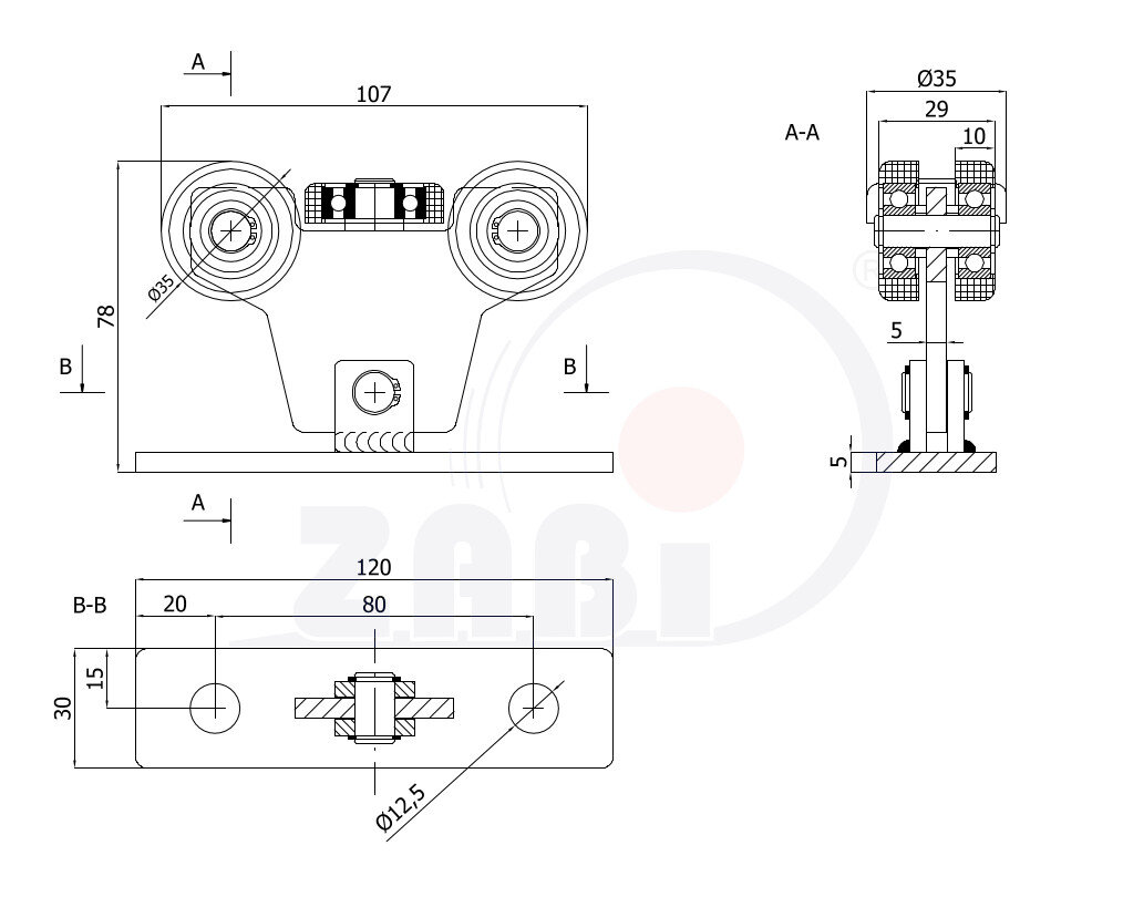 Ролики для откатных ворот, Каретки для откатных воро, Для профиля 40х40 стенка 2мм с обозначением W-5T-40