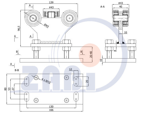 Ролики для откатных ворот, Каретки для откатных воро, Для профиля 50х50 стенка 2,5мм с обозначением R-5MM-50
