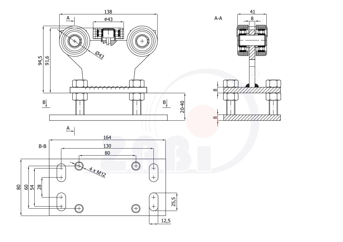 Ролики для откатных ворот, Каретки для откатных воро, Для профиля 50х50 стенка 2,5мм с обозначением R-5M-50
