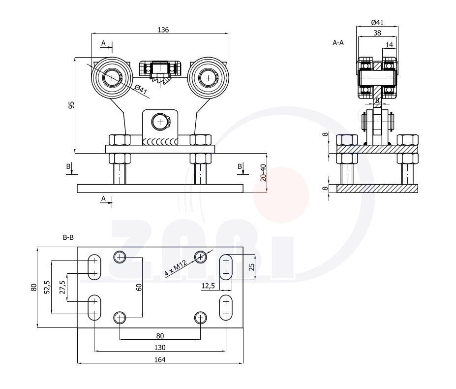 Wózki i akcesoria do bram, Wózki do bram przesuwnych, Do profili 50x50 ścianka 4mm o symbolu WR-5MM-50/4
