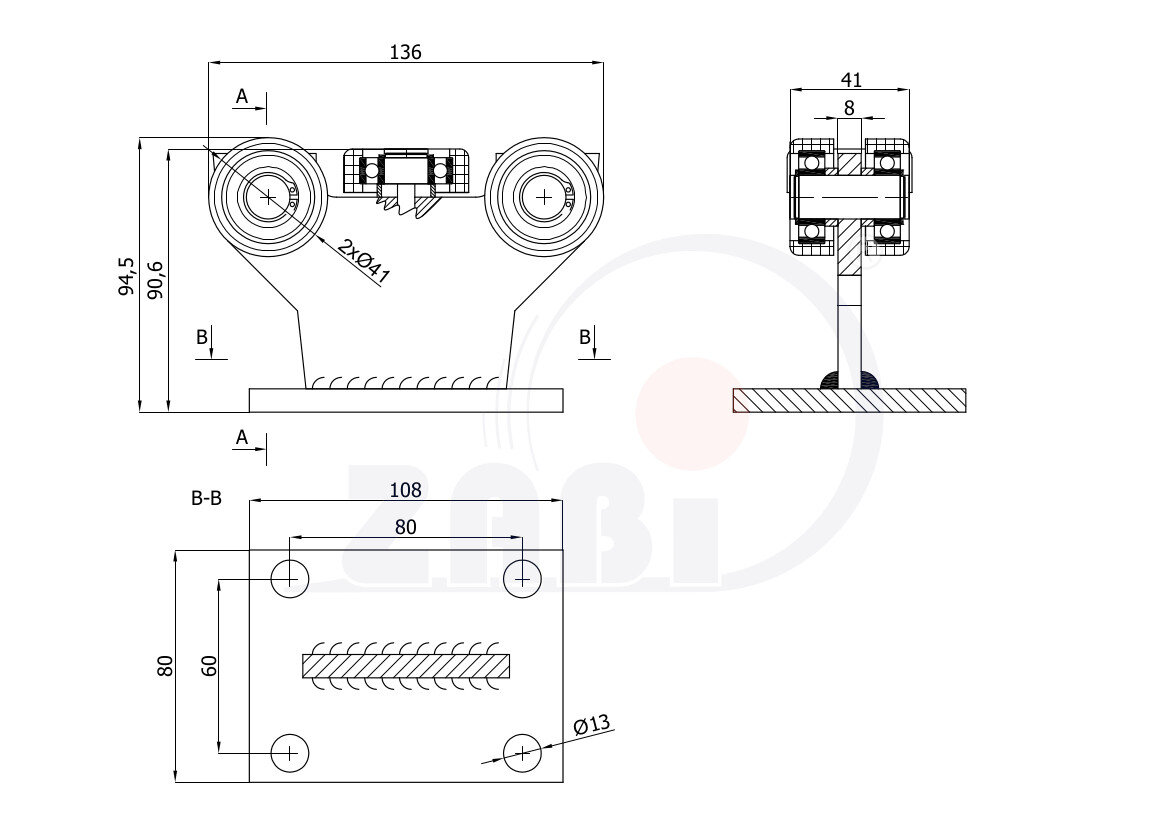 Wózki i akcesoria do bram, Wózki do bram przesuwnych, Do profili 50x50 ścianka 4mm o symbolu 5MM-50/4