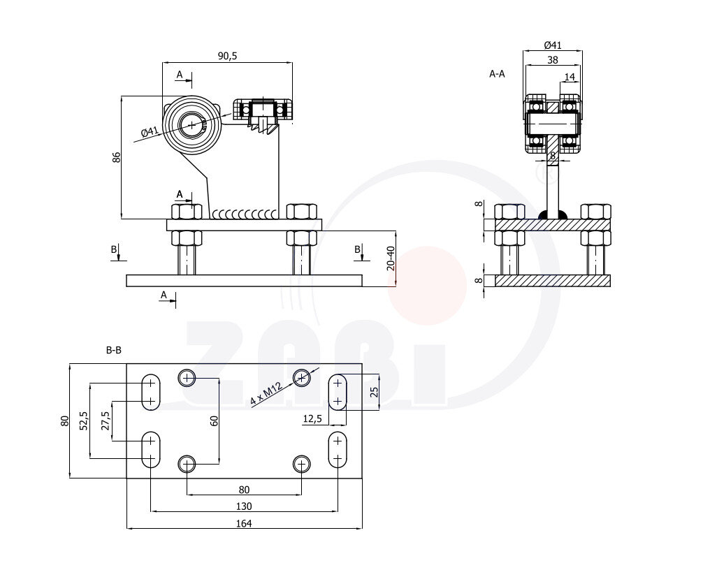 Wózki i akcesoria do bram, Wózki do bram przesuwnych, Do profili 50x50 ścianka 4mm o symbolu R-3MM-50/4