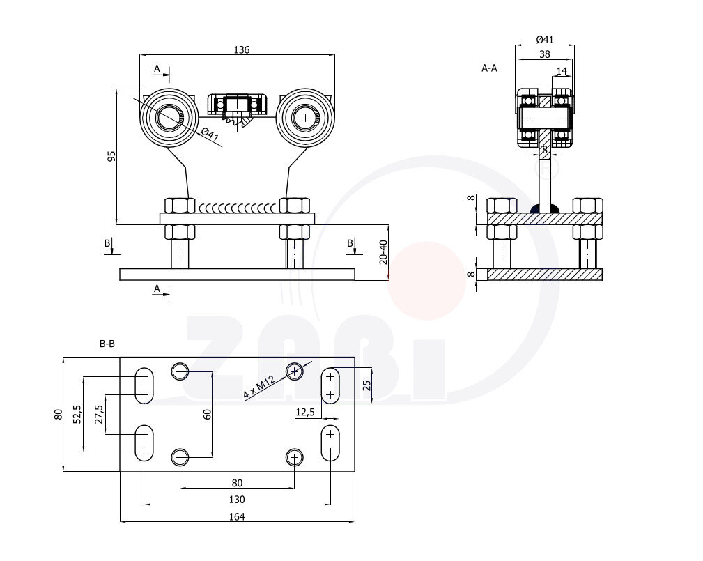 Wózki i akcesoria do bram, Wózki do bram przesuwnych, Do profili 50x50 ścianka 4mm o symbolu R-5M-50/4