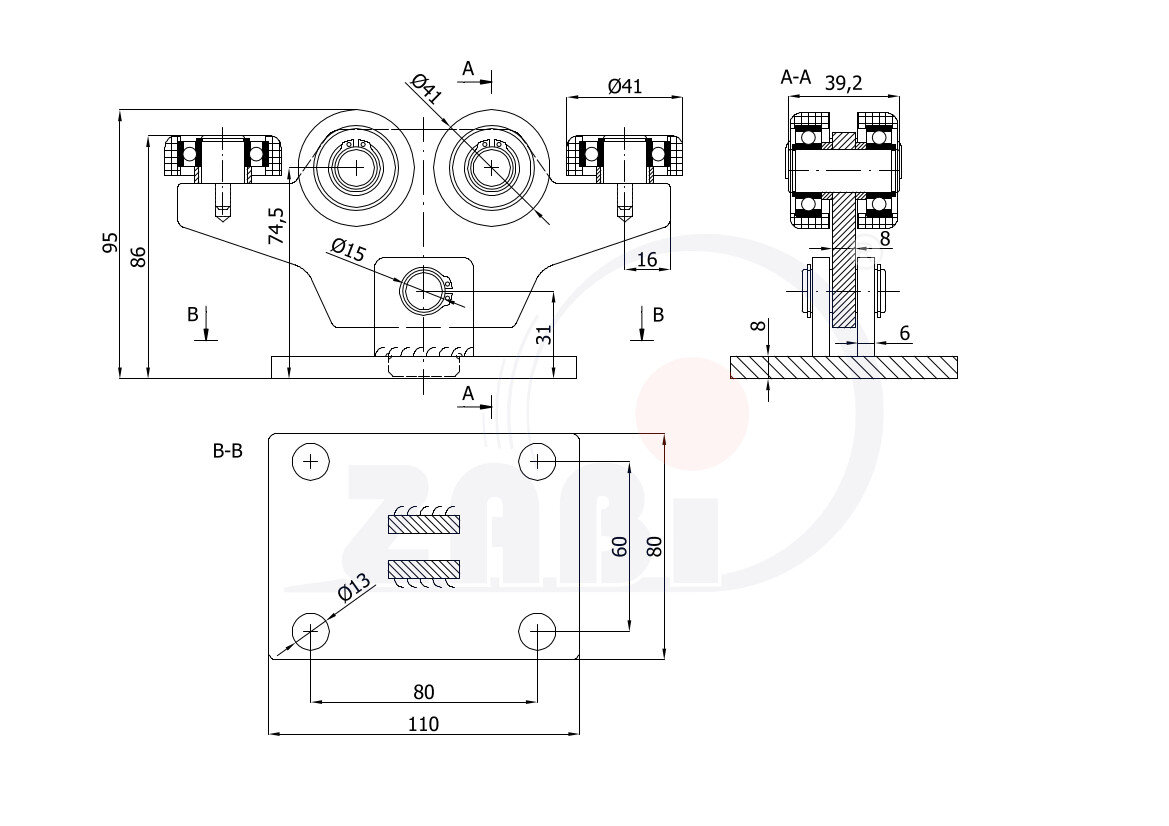 Wózki i akcesoria do bram, Wózki do bram przesuwnych, Do profili 50x50 ścianka 4mm o symbolu W-6M-50/4