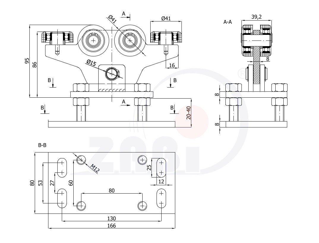 Wózki i akcesoria do bram, Wózki do bram przesuwnych, Do profili 50x50 ścianka 4mm o symbolu WR-6T-50/4