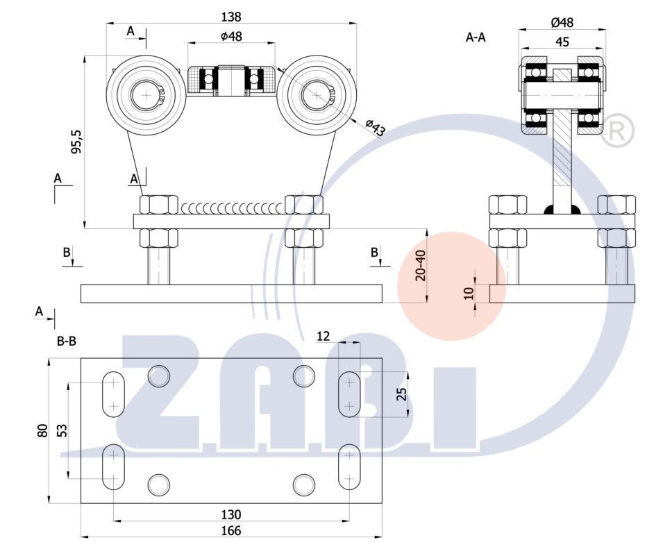 Ролики для откатных ворот, Каретки для откатных воро, Для профиля 50х55 стенка 2,5мм с обозначением R-5M-50/55