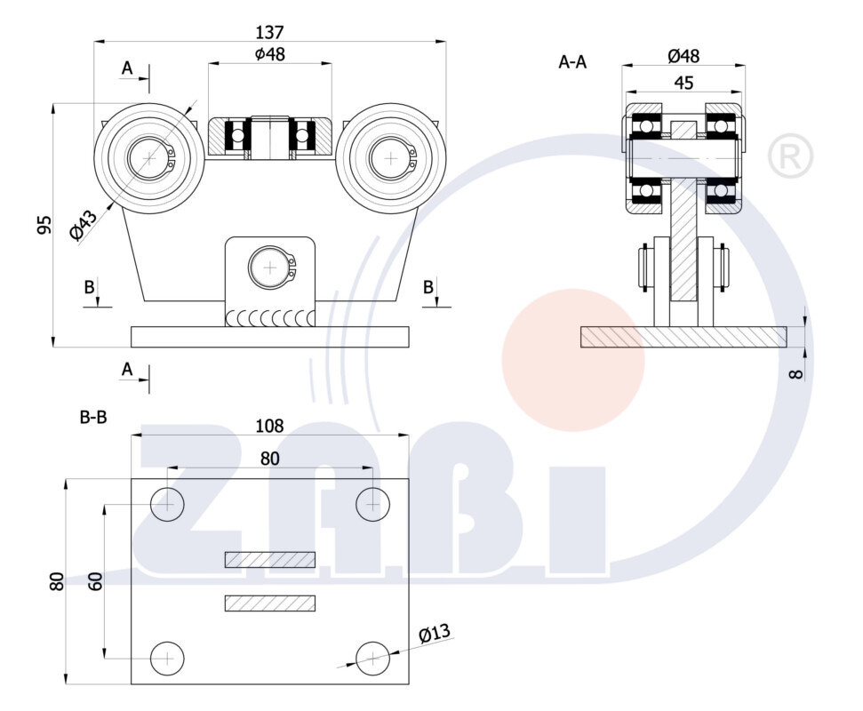 Ролики для откатных ворот, Каретки для откатных воро, Для профиля 50х55 стенка 2,5мм с обозначением W-5MM-50/55