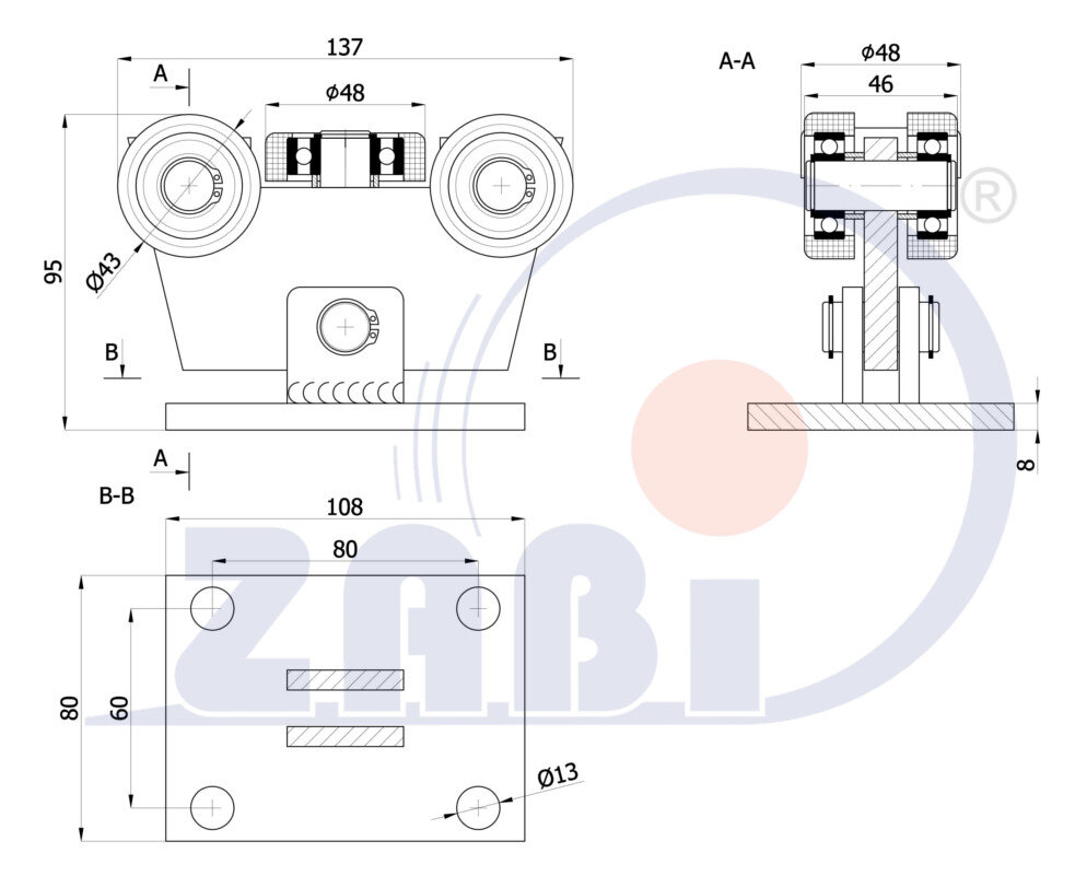 Ролики для откатных ворот, Каретки для откатных воро, Для профиля 50х55 стенка 2,5мм с обозначением W-5T-50/55