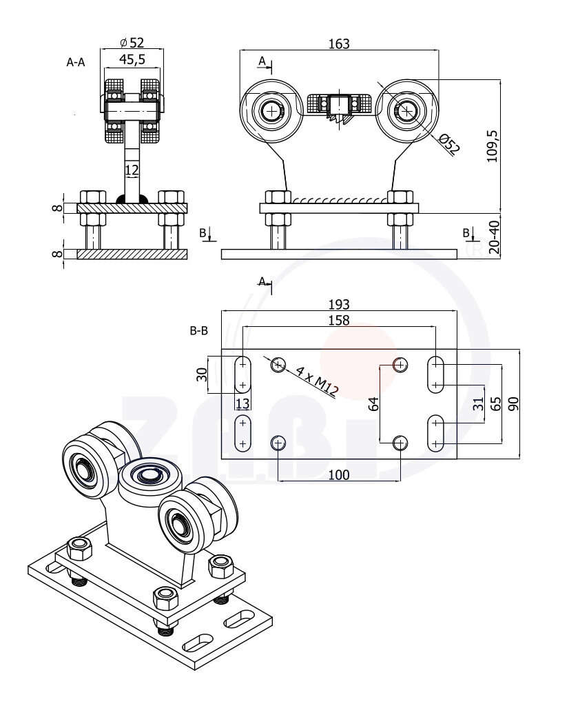 Ролики для откатных ворот, Каретки для откатных воро, Для профиля 60х60 стенка 3,5мм с обозначением R-5M-60