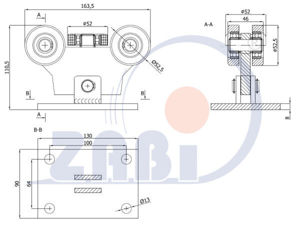 Ролики для откатных ворот, Каретки для откатных воро, Для профиля 60х60 стенка 3,5мм с обозначением W-5M-60