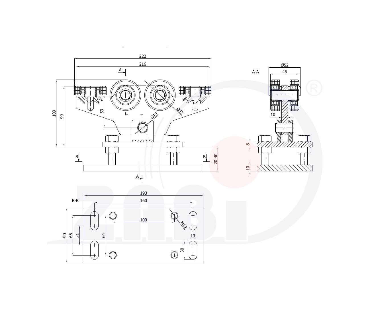 Ролики для откатных ворот, Каретки для откатных воро, Для профиля 60х60 стенка 3,5мм с обозначением WR-6M-60