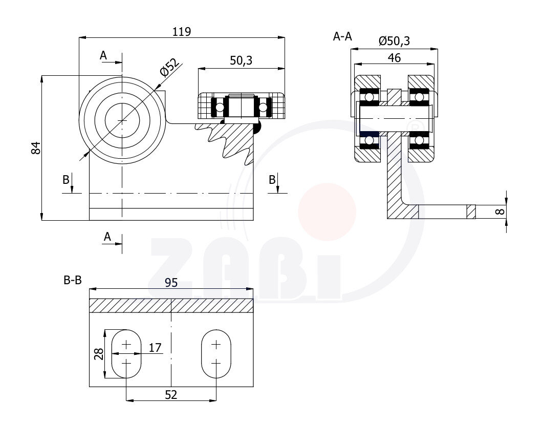 Wózki i akcesoria do bram, Wózki do bram przesuwnych, Do profili 60x60 ścianka 4mm o symbolu P-3T-60/4