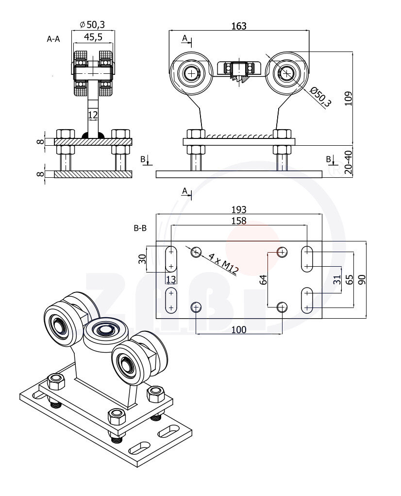 Ролики для откатных ворот, Каретки для откатных воро, Для профиля 60х60 стенка 4мм с обозначением R-5MM-60/4