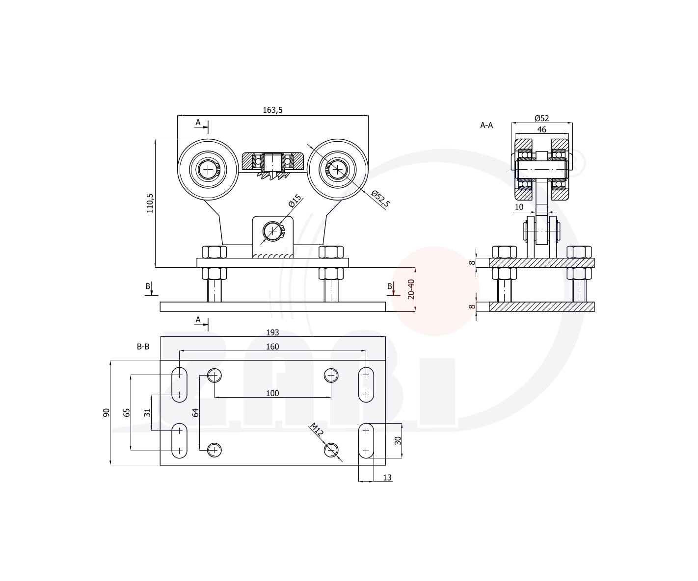 Ролики для откатных ворот, Каретки для откатных воро, Для профиля 60х60 стенка 3,5мм с обозначением WR-5T-60