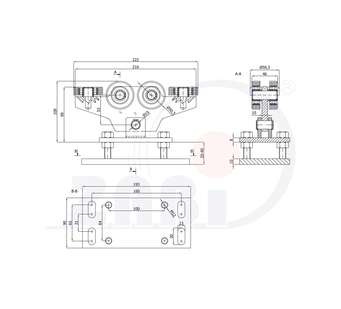 Ролики для откатных ворот, Каретки для откатных воро, Для профиля 60х60 стенка 4мм с обозначением WR-6MM-60/4