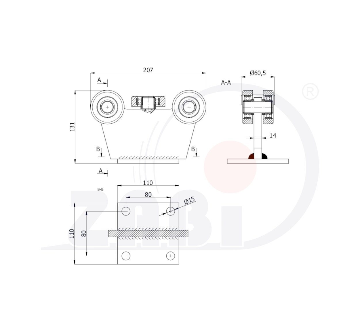 Laufwagen und Zubehör für Schiebetore und Selbsttragendes, Rollwagen für Tore, Für profile 70x70 dicke 4mm mit dem Symbol 5MM-70M