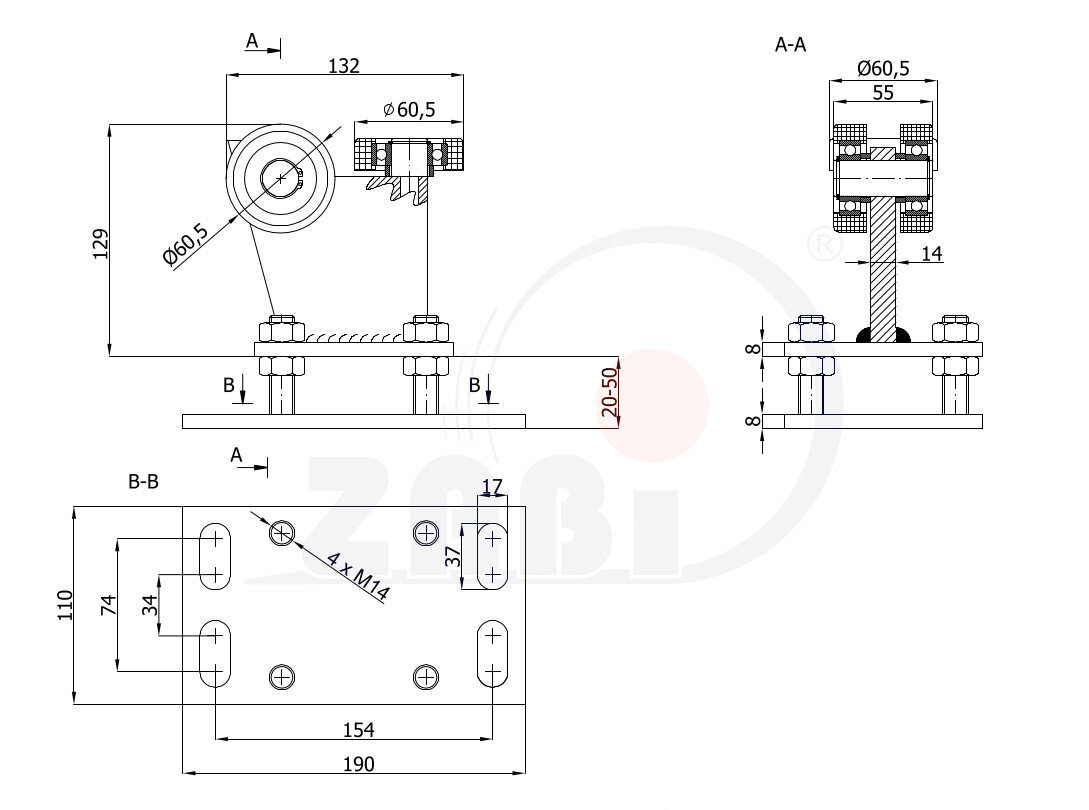 Wózki i akcesoria do bram, Wózki do bram przesuwnych, Do profili 70x70 ścianka 4mm o symbolu R-3T-70M