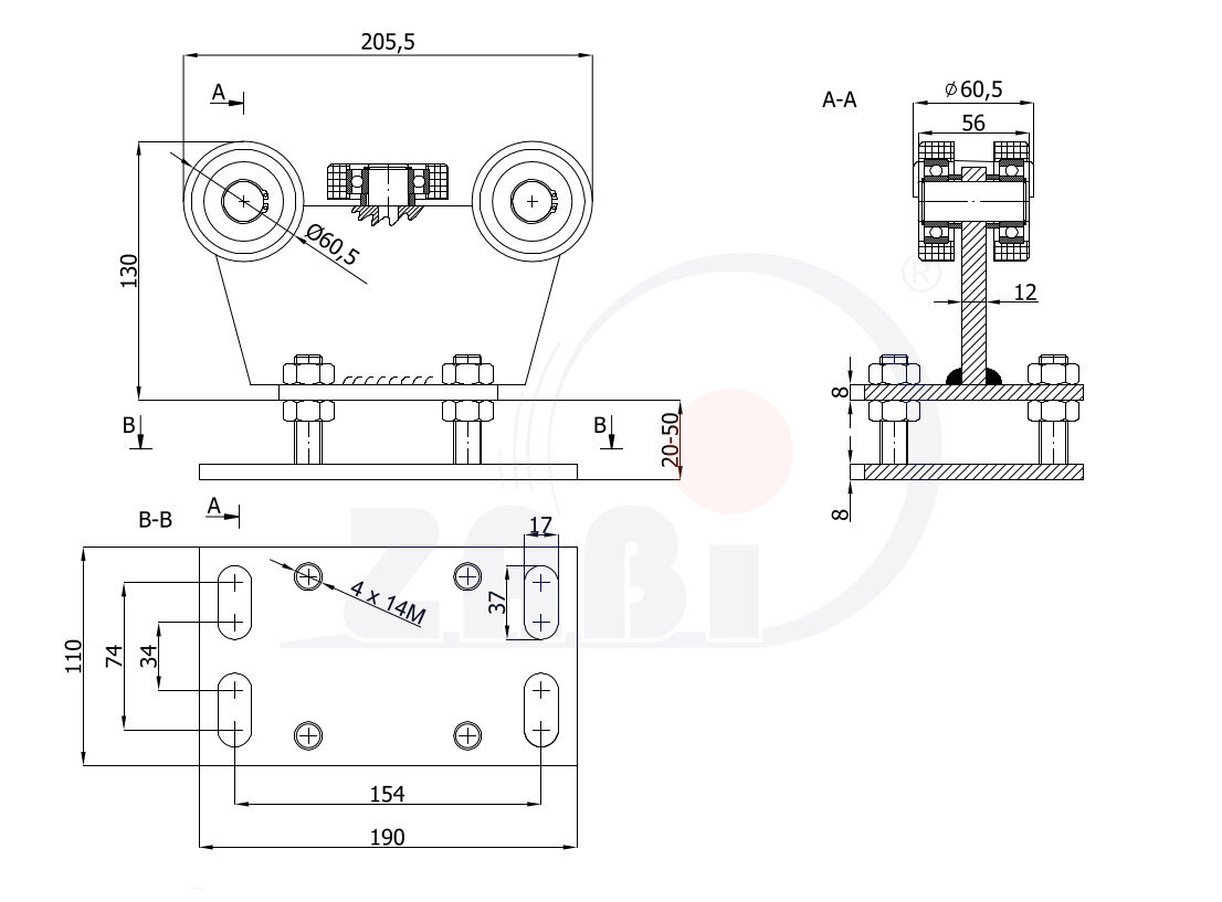 Wózki i akcesoria do bram, Wózki do bram przesuwnych, Do profili 70x70 ścianka 4mm o symbolu R-5MM-70M