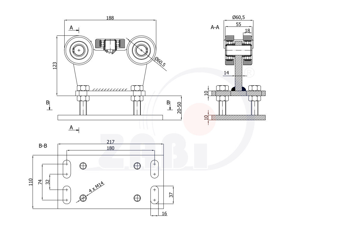Wózki i akcesoria do bram, Wózki do bram przesuwnych, Do profili 70x70 ścianka 4mm o symbolu R-5MM-70