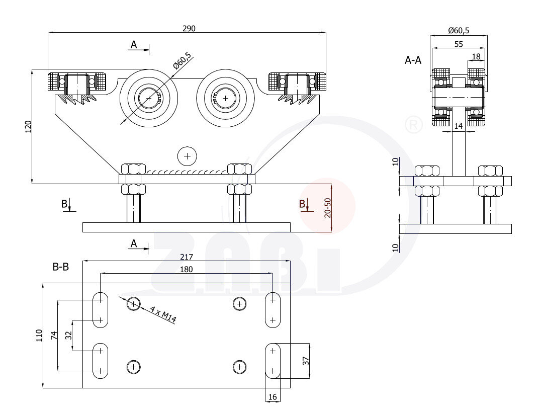 Ролики для откатных ворот, Каретки для откатных воро, Для профиля 70х70 стенка 4мм с обозначением R-6MM-70