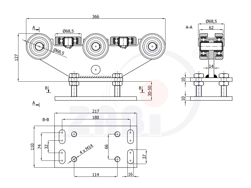 Wózki i akcesoria do bram, Wózki do bram przesuwnych, Do profili 80x80 ścianka 5mm o symbolu R-8M-80