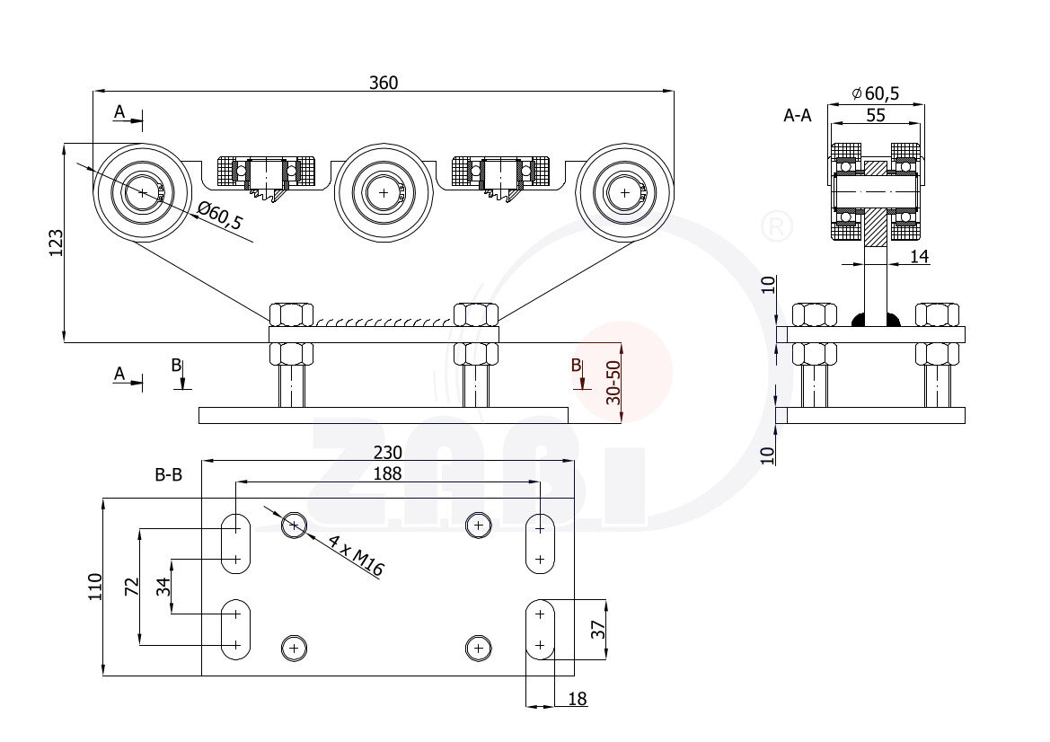 Wózki i akcesoria do bram, Wózki do bram przesuwnych, Do profili 70x70 ścianka 4mm o symbolu R-8MM-70