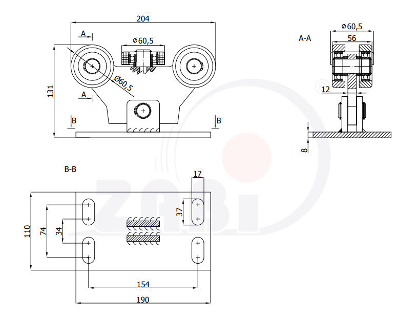 Wózki i akcesoria do bram, Wózki do bram przesuwnych, Do profili 70x70 ścianka 4mm o symbolu W-5MM-70M